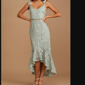 Won Your Heart Sage Green Lace Tie-Strap High-Low Midi Dress - Medium - NWT